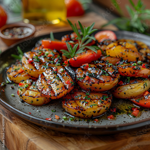 Close up grilled vegetables cooked coconut oil, placed on plate, garnished herbs, Vegan, lean menu