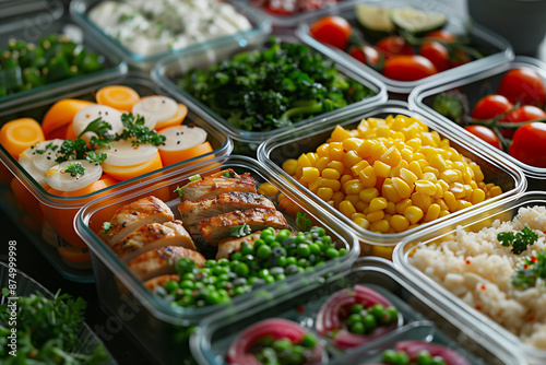 healthy diet concept, A meal prep scene with multiple containers filled with balanced meals for the week. Include a variety of proteins, vegetables, and whole grains