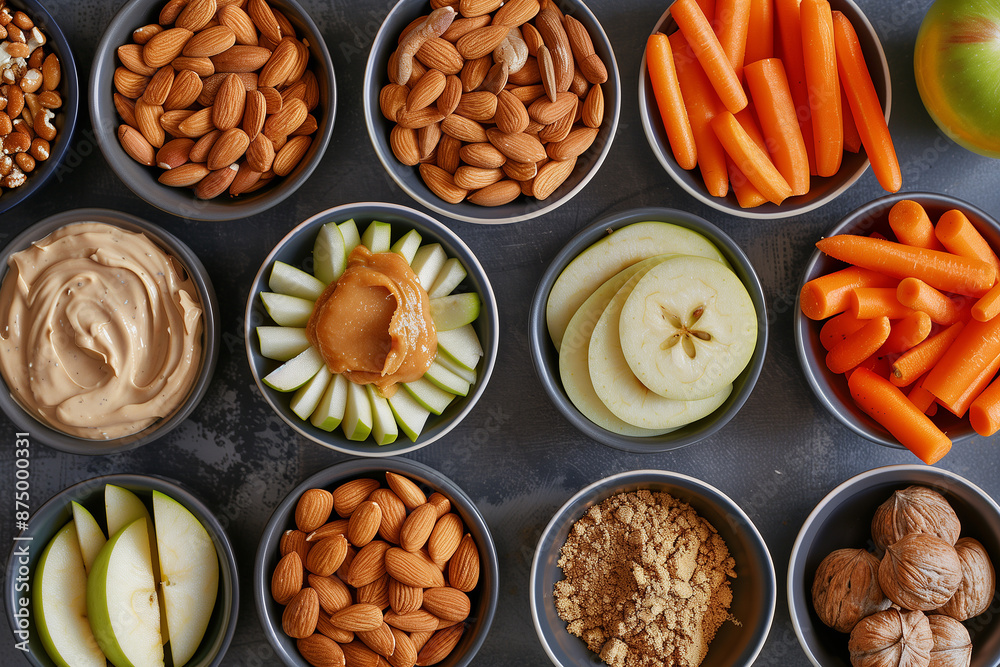 Healthy Snacks, An array of healthy snack options like sliced apples with almond butter, carrot sticks with hummus, and a handful of mixed nuts. Display the snacks in small bowls or on a platter Healthy Snacks, An array of healthy snack options like sliced apples with almond butter, carrot sticks with hummus, and a handful of mixed nuts. Display the snacks in small bowls or on a platter
