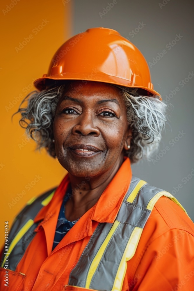 Portrait of a senior woman construction worker wearing a hard hat and safety vest, looking at the camera with a friendly smile Portrait of a senior woman construction worker wearing a hard hat and safety vest, looking at the camera with a friendly smile