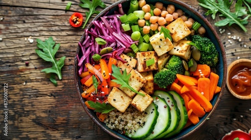 Vegan Buddha Bowl for balanced diet with tofu, quinoa, vegetables and legumes photo