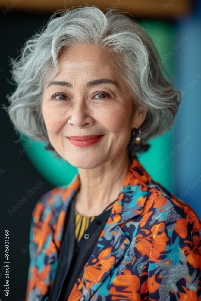 Portrait of a smiling older woman with gray hair and a colorful patterned jacket Portrait of a smiling older woman with gray hair and a colorful patterned jacket