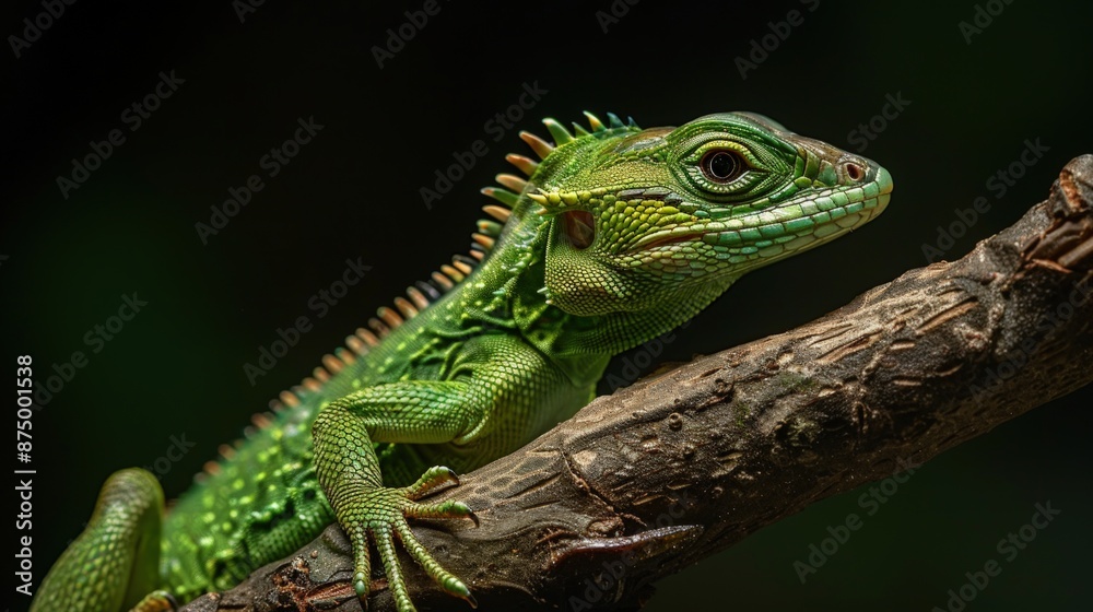 A green lizard is sitting on a branch. Generate AI image A green lizard is sitting on a branch. Generate AI image