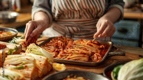 Woman making kimchi cabbage on wooden board, Popular homemade Korean traditional fermented side dish food