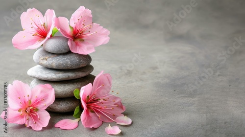 Tranquil spa scene with beautiful pink flowers on hot stones in water. Copy space for spa concept. Dark background.