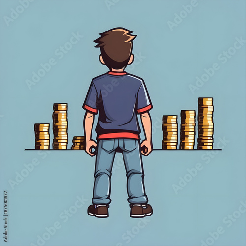Financial Goals Within Reach: A determined young man stands before towering stacks of coins, symbolizing the pursuit of financial success and abundance.