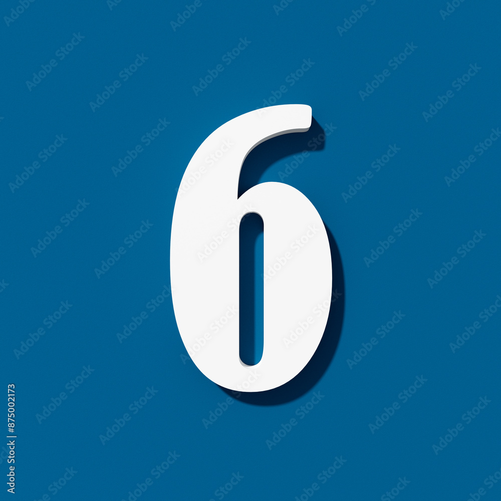 White number six on blue background. Top view. 3D render.