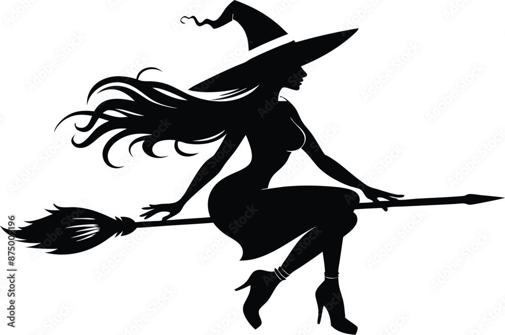 Fototapeta premium Halloween witch broomstick Vector illustration, Silhouette of a witch flying broomstick isolated on white background.