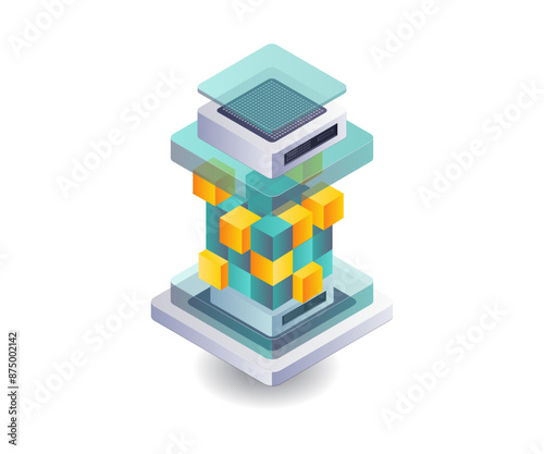 Server technology utilizing blockchain isometric illustration
