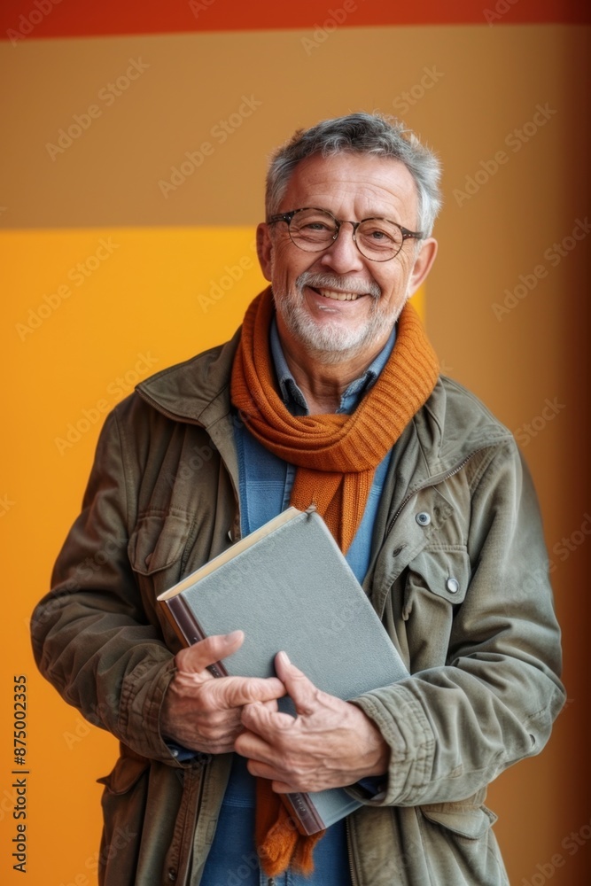 Happy senior man wearing glasses and a scarf, smiling and holding a book Happy senior man wearing glasses and a scarf, smiling and holding a book