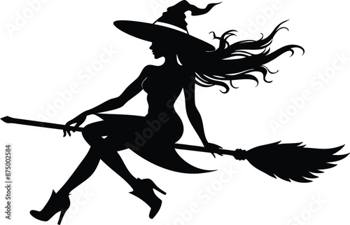 Halloween witch broomstick Vector illustration, Silhouette of a witch flying broomstick isolated on white background.
