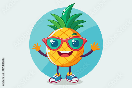 A vibrant and eye-catching whimsical t-shirt design features an adorable anthropomorphic pineapple character vector illustration