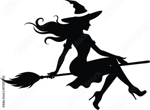 Halloween witch broomstick Vector illustration, Silhouette of a witch flying broomstick isolated on white background.  © Trendy Design24