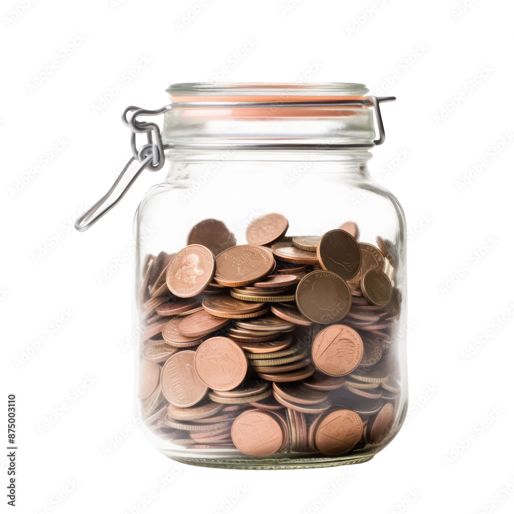 Coins in jar isolate on transparent png.
