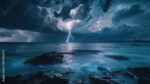 Lightning strike hitting water surface, creating electric fractals. Sony A9 II with 14mm f/1.8 wide-angle lens, long exposure. Stormy seascape  photo