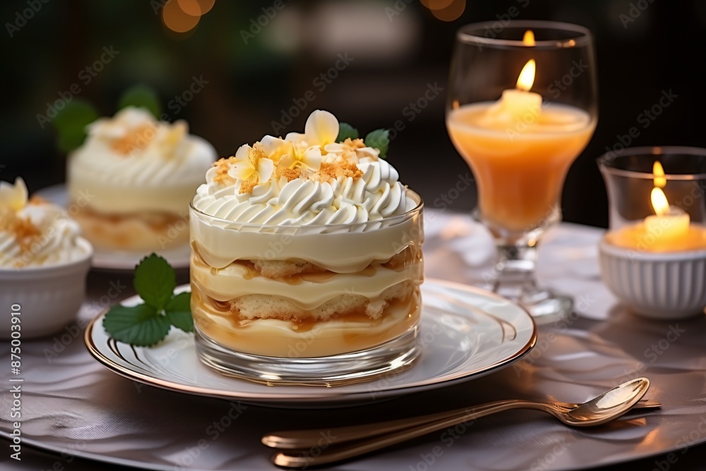 Elegant dessert setup with layered cakes, candles, and glasses decorated with leaf motifs. Elegant dessert setup with layered cakes, candles, and glasses decorated with leaf motifs.