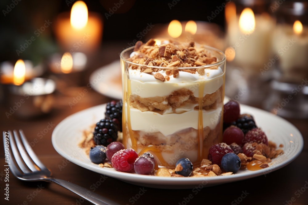 Romantic table setting featuring a dessert with berries, granola, and candles in the background.