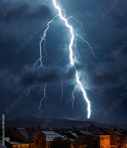 Lightning striking the mountains. Storm over the mountains and the city. Thunderstorm.