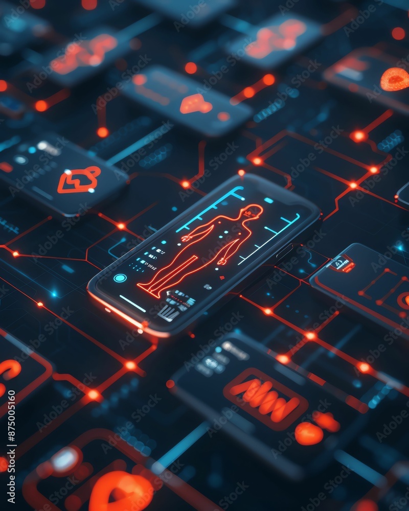Abstract digital interface with a human figure on a smartphone, representing digital health and data. Abstract digital interface with a human figure on a smartphone, representing digital health and data.
