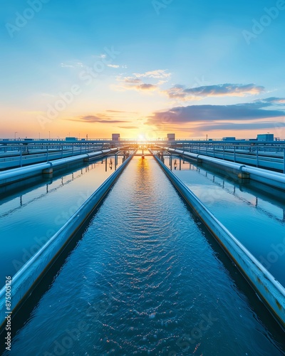 A water treatment plant at sunset. The blue water reflects the orange sky. The image showcases the importance of water infrastructure and clean water.