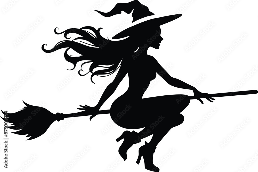 Fototapeta premium Halloween witch broomstick Vector illustration, Silhouette of a witch flying broomstick isolated on white background. 