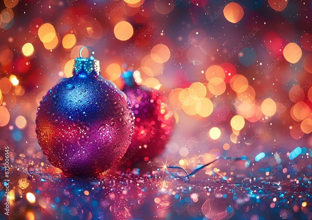 Holiday ornaments on a sparkling bokeh backdrop. Holiday ornaments on a sparkling bokeh backdrop.