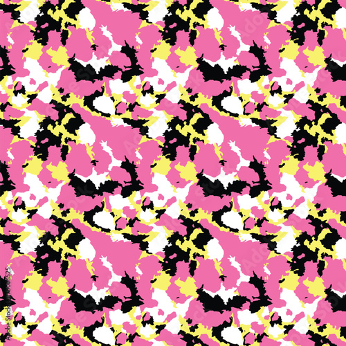 Abstract seamless pattern featuring pink yellow black and white blotches in a repeating design style