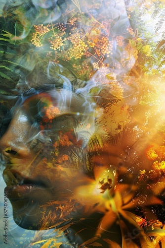 Double exposure effect: young woman blending with lush forest in artistic portrait © ALEXSTUDIO