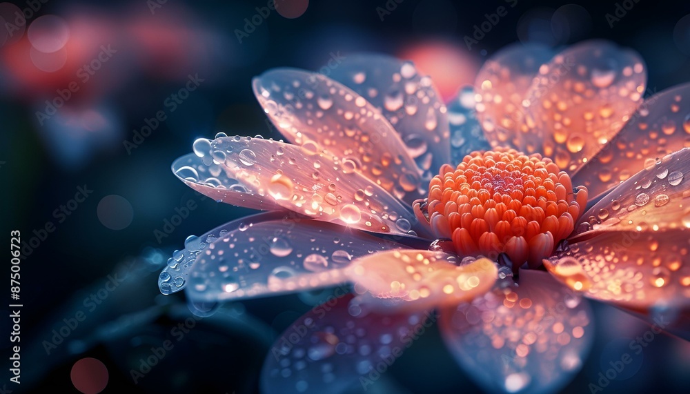 Close-up of flower covered in water droplets, glistening in the sunlight. Close-up of flower covered in water droplets, glistening in the sunlight.