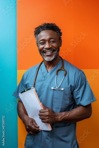A smiling black male doctor in a blue scrubs with a stethoscope holding a clipboard