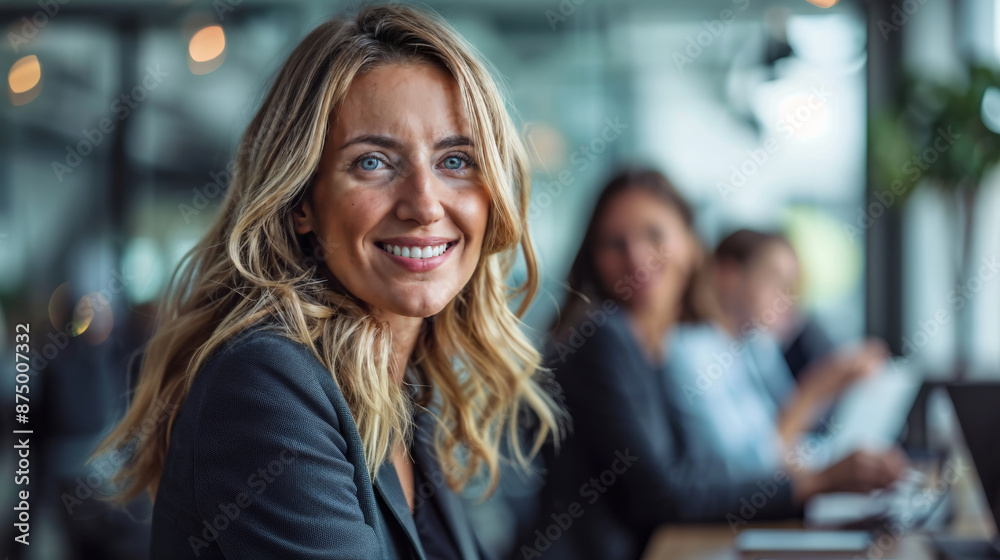 Smiling Businesswoman in a Modern Office with Team in Background Smiling Businesswoman in a Modern Office with Team in Background