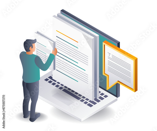 Man works creating text articles on the computer