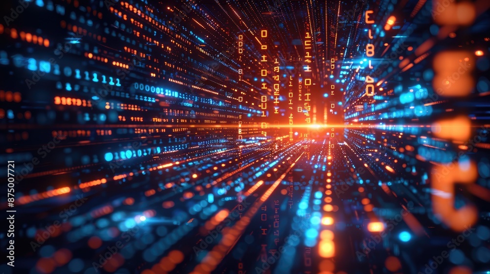Abstract digital background with glowing binary code and futuristic financial technology symbols Abstract digital background with glowing binary code and futuristic financial technology symbols