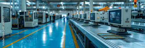 Modern Electronics Production Line with PCB Assembly, Soldering Stations, Testing and Inspection in a High-Tech Factory