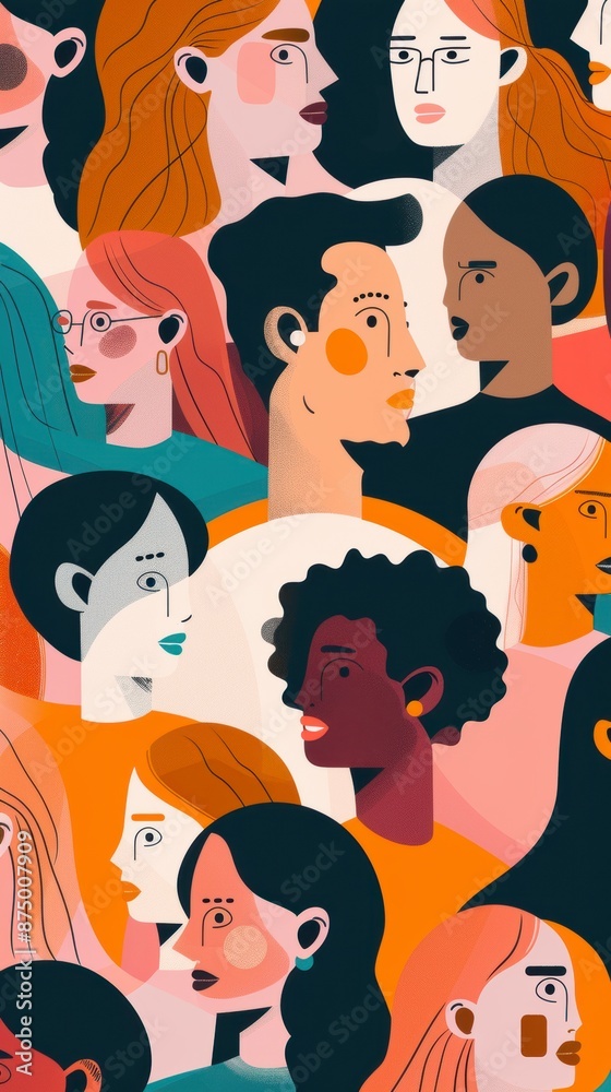 A colorful illustration of many people looking right A colorful illustration of many people looking right