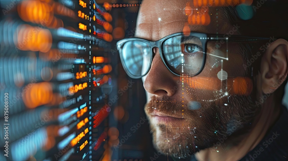 Close-up of a businessman using facial recognition for biometric authentication to access secure financial data Close-up of a businessman using facial recognition for biometric authentication to access secure financial data