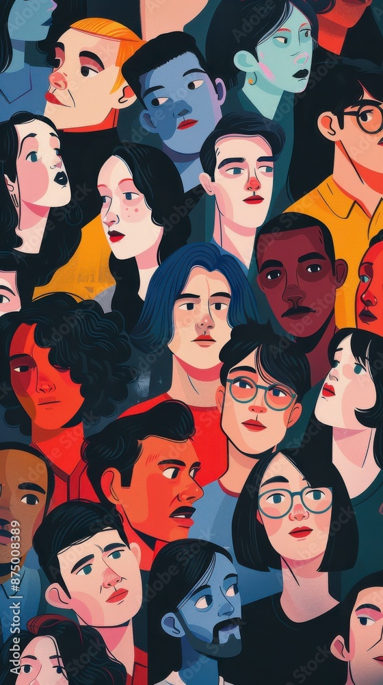 A group of people of various ethnicities and ages look toward the viewer in a colorful illustration A group of people of various ethnicities and ages look toward the viewer in a colorful illustration