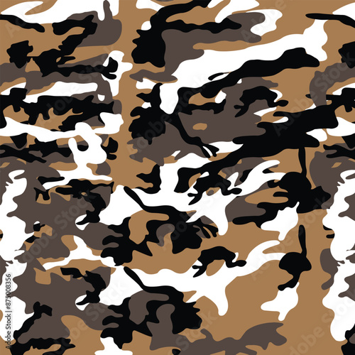 Camouflage pattern featuring a blend of brown black white and gray hues creating a textured appearance