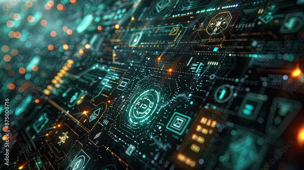 Digital interface with icons of cryptocurrency coins and financial symbols floating in cyberspace Digital interface with icons of cryptocurrency coins and financial symbols floating in cyberspace