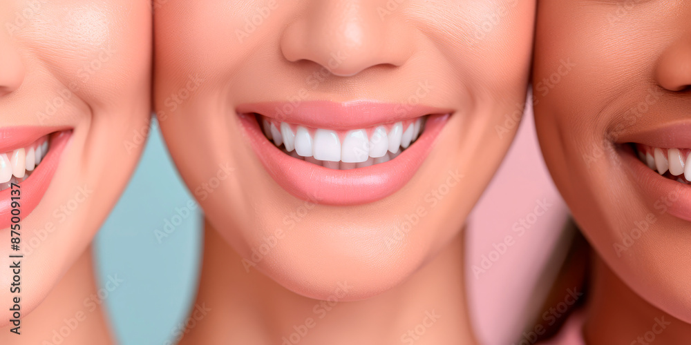 Obraz premium Close-up of a woman's perfect white smile on a blue background. Suitable for dental clinics, wellness businesses, healthcare, beauty, and spa industries. Concept of dental health, beauty, and well