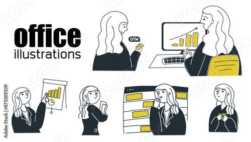 Office woman performing various office tasks and activities