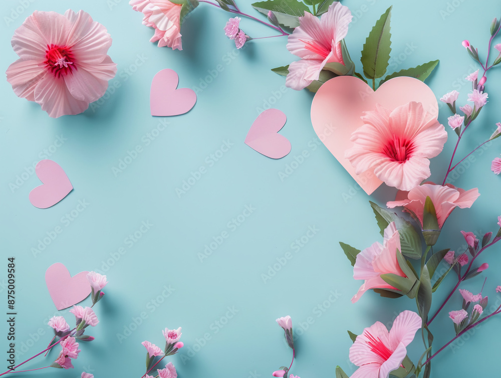 Fototapeta premium A beautiful arrangement of flowers set against a soft blue background, creating a vibrant and romantic composition.