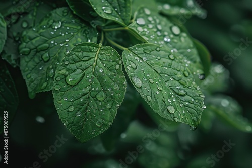 "Green leaves with water droplets. Macro shot of foliage after rain. Nature and freshness concept for design and print."