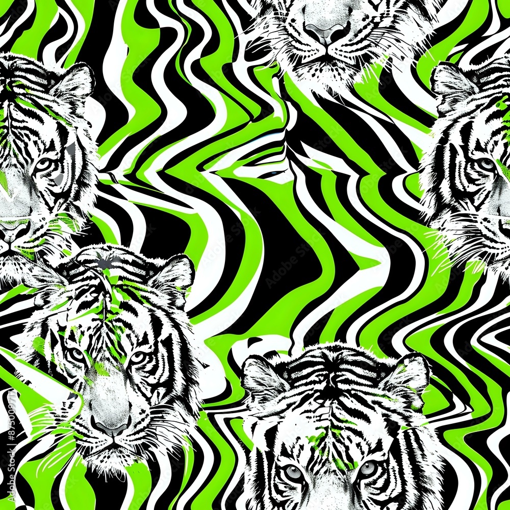 Obraz premium Black and White Tiger Seamless Pattern on Green Zebra Print