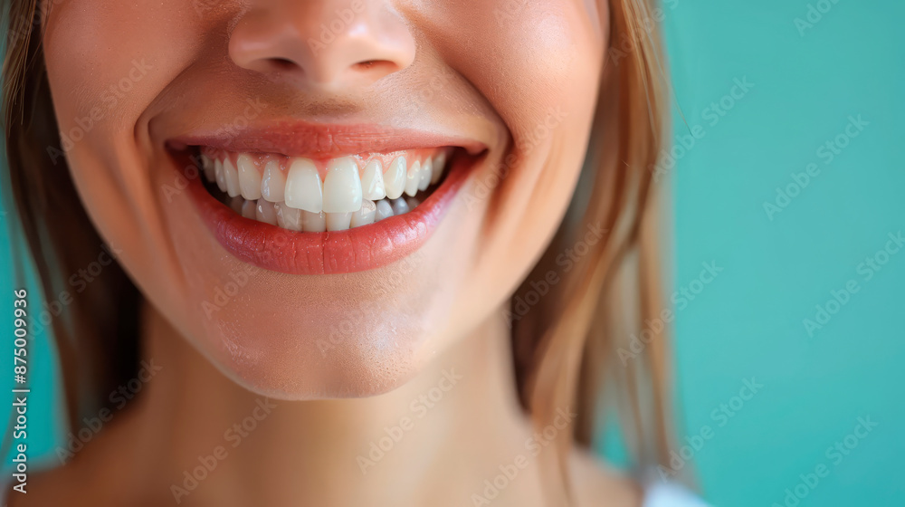 Obraz premium Close-up of a woman's perfect white smile on a blue background. Suitable for dental clinics, wellness businesses, healthcare, beauty, and spa industries. Concept of dental health, beauty, and well