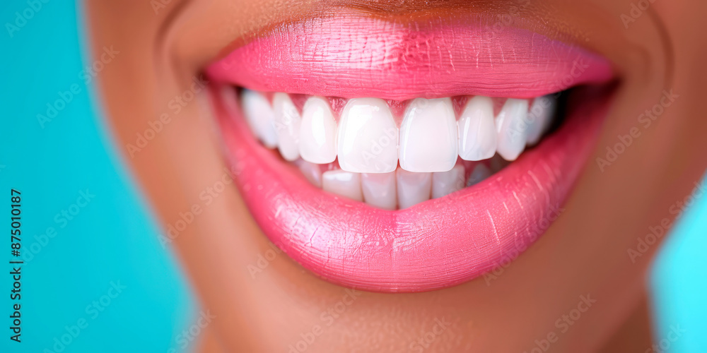 Obraz premium Close-up of a woman's perfect white smile on a blue background. Suitable for dental clinics, wellness businesses, healthcare, beauty, and spa industries. Concept of dental health, beauty, and well