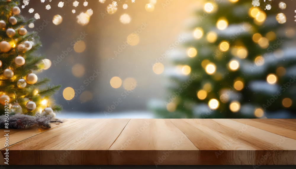 Empty woooden table top with abstract warm living room decor with christmas tree string ligh. Generative AI.