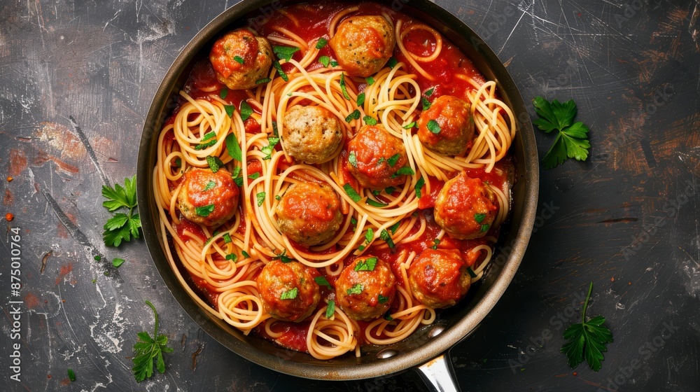 Spaghetti with meatballs and tomato sauce in a pan Spaghetti with meatballs and tomato sauce in a pan