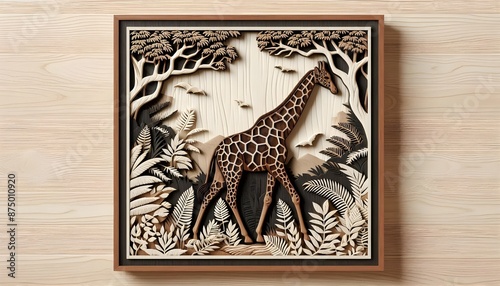 Majestic Giraffe in the Jungle: Wood Carving Masterpiece photo