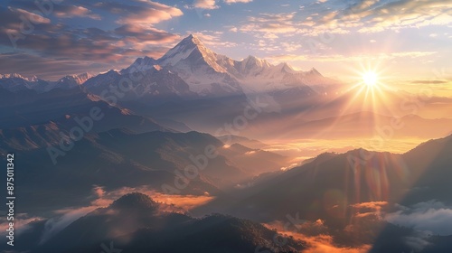 The sun peeks over the Himalayan peaks, bringing light to the land below.